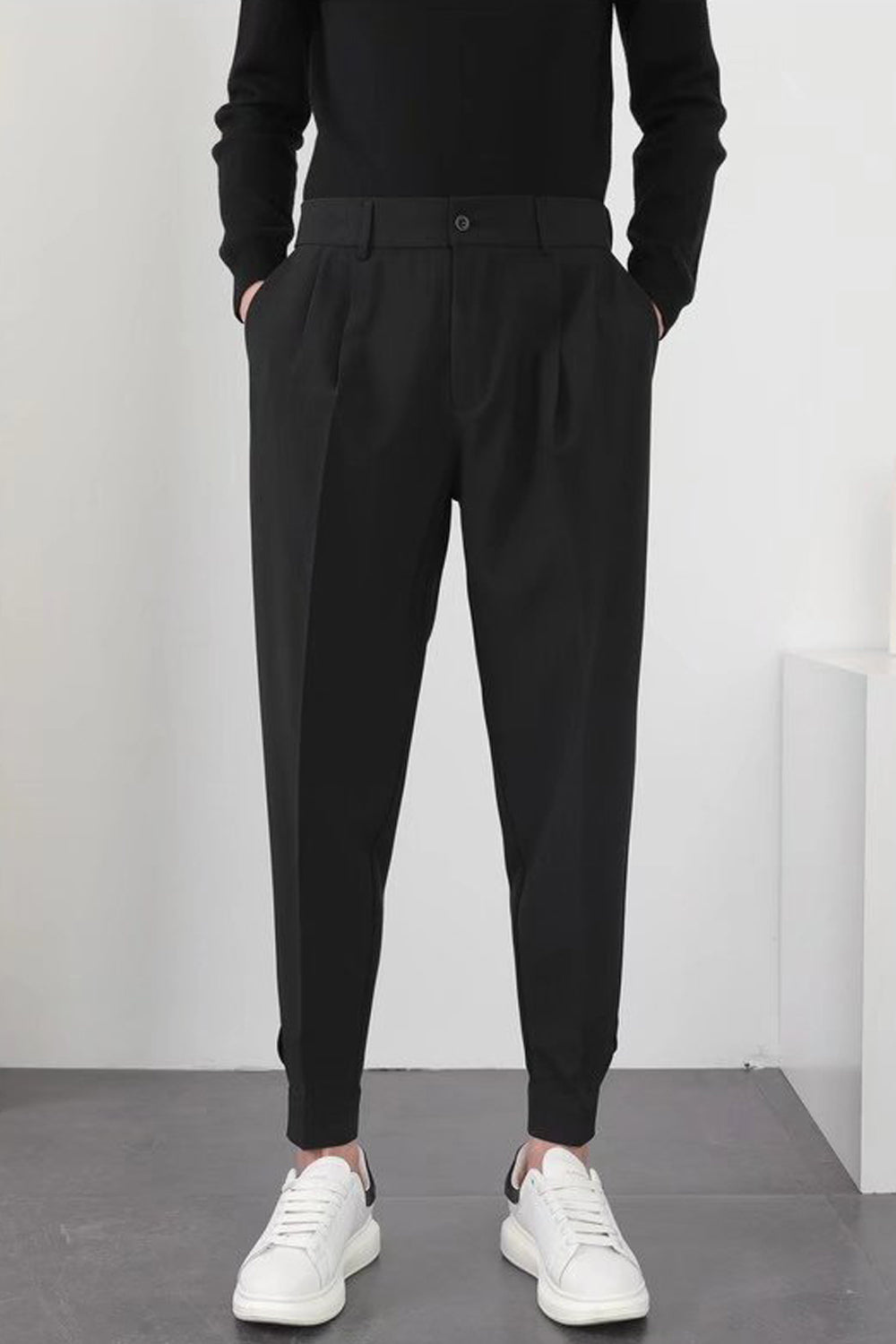Men's High-Waisted Elastic Waist Tapered Cuffed Trousers