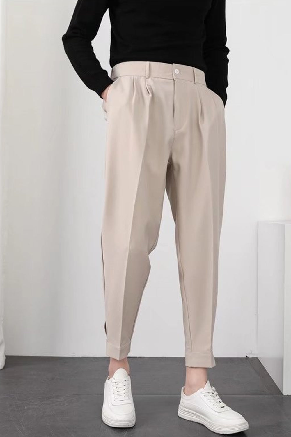 Men's High-Waisted Elastic Waist Tapered Cuffed Trousers