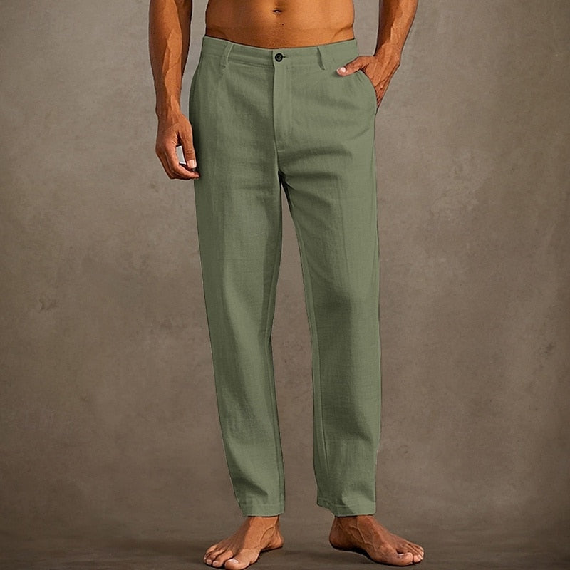 Men's Linen Straight Leg Casual Pants - Button Closure