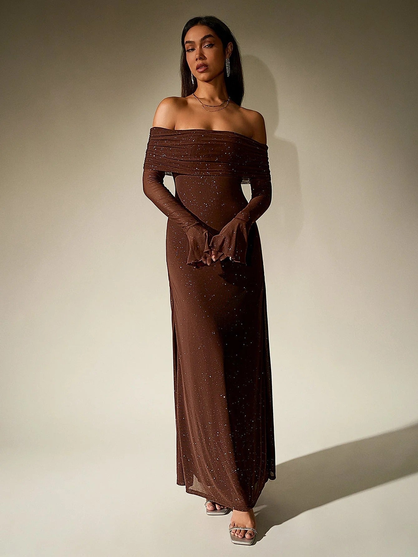 Women’s Off-Shoulder Glitter Maxi Dress with Long Sleeves