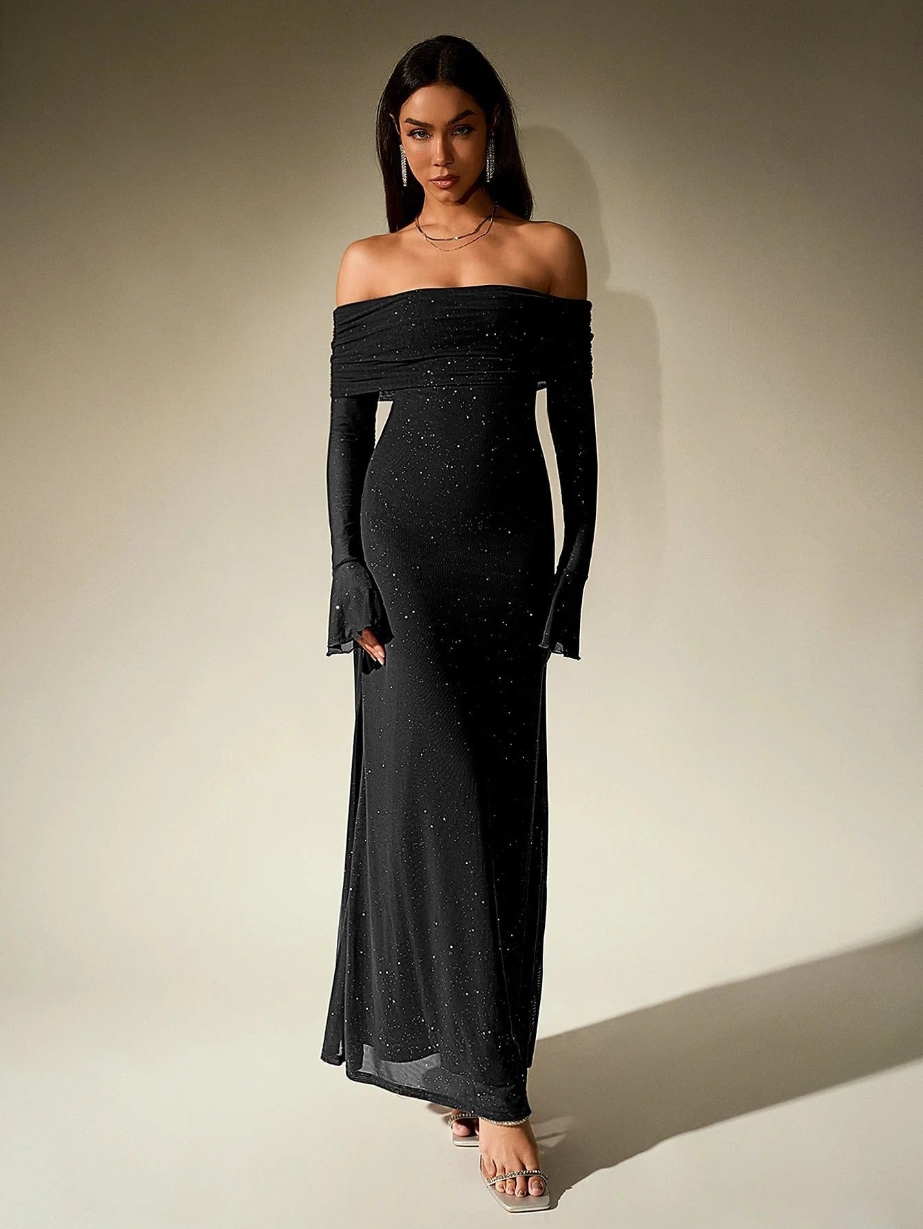 Women’s Off-Shoulder Glitter Maxi Dress with Long Sleeves