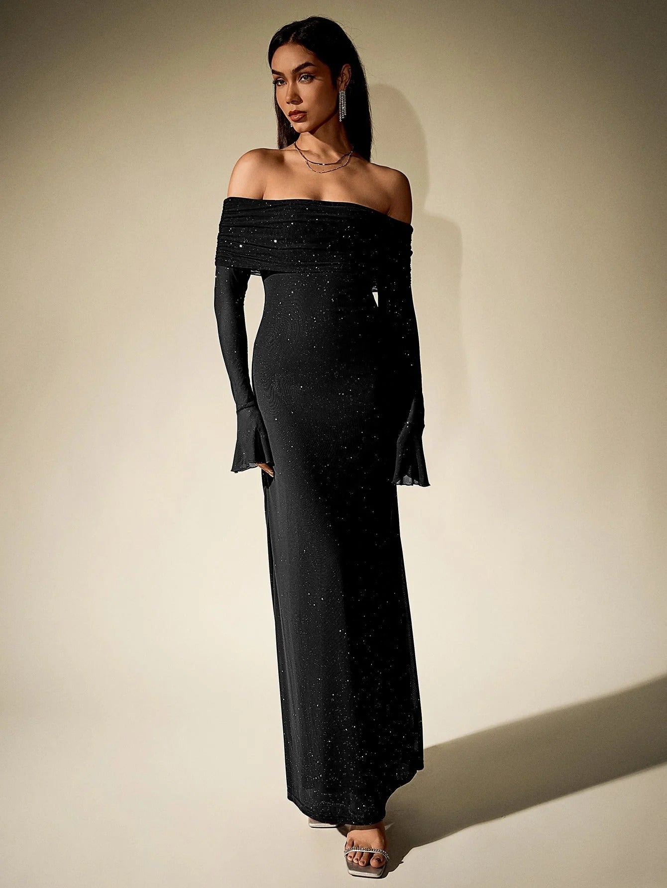 Women’s Off-Shoulder Glitter Maxi Dress with Long Sleeves