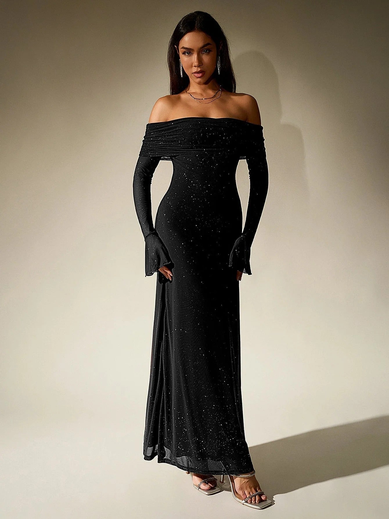 Women’s Off-Shoulder Glitter Maxi Dress with Long Sleeves
