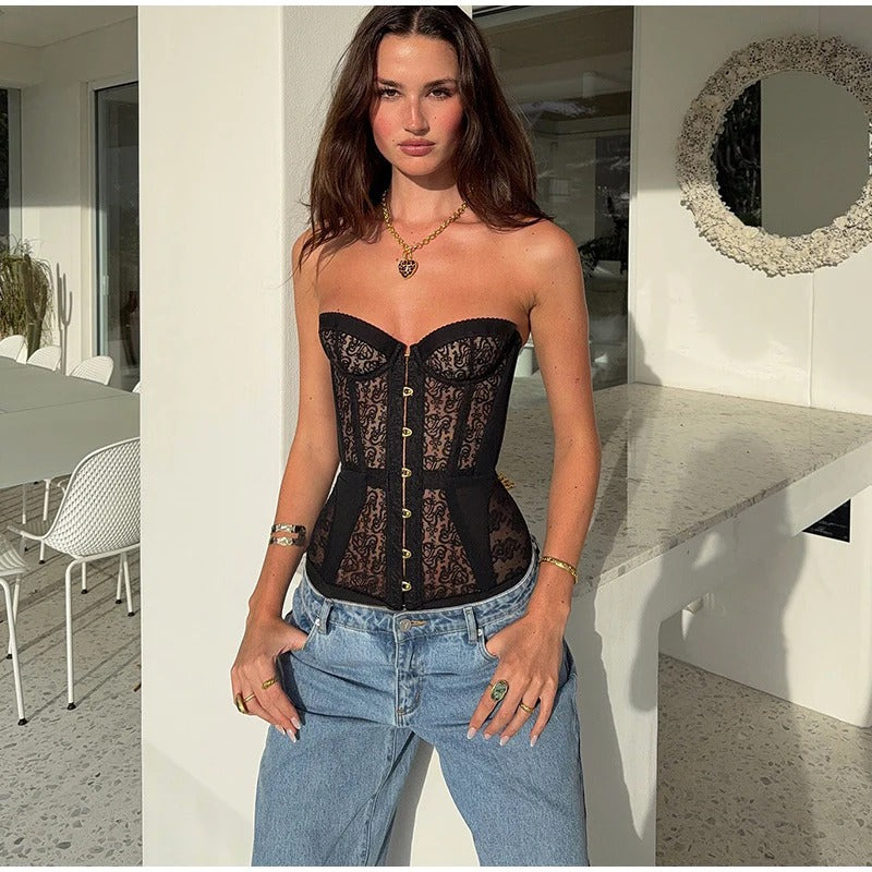 Women’s Floral Lace Corset Top with Structured Silhouette for Elegant Styling