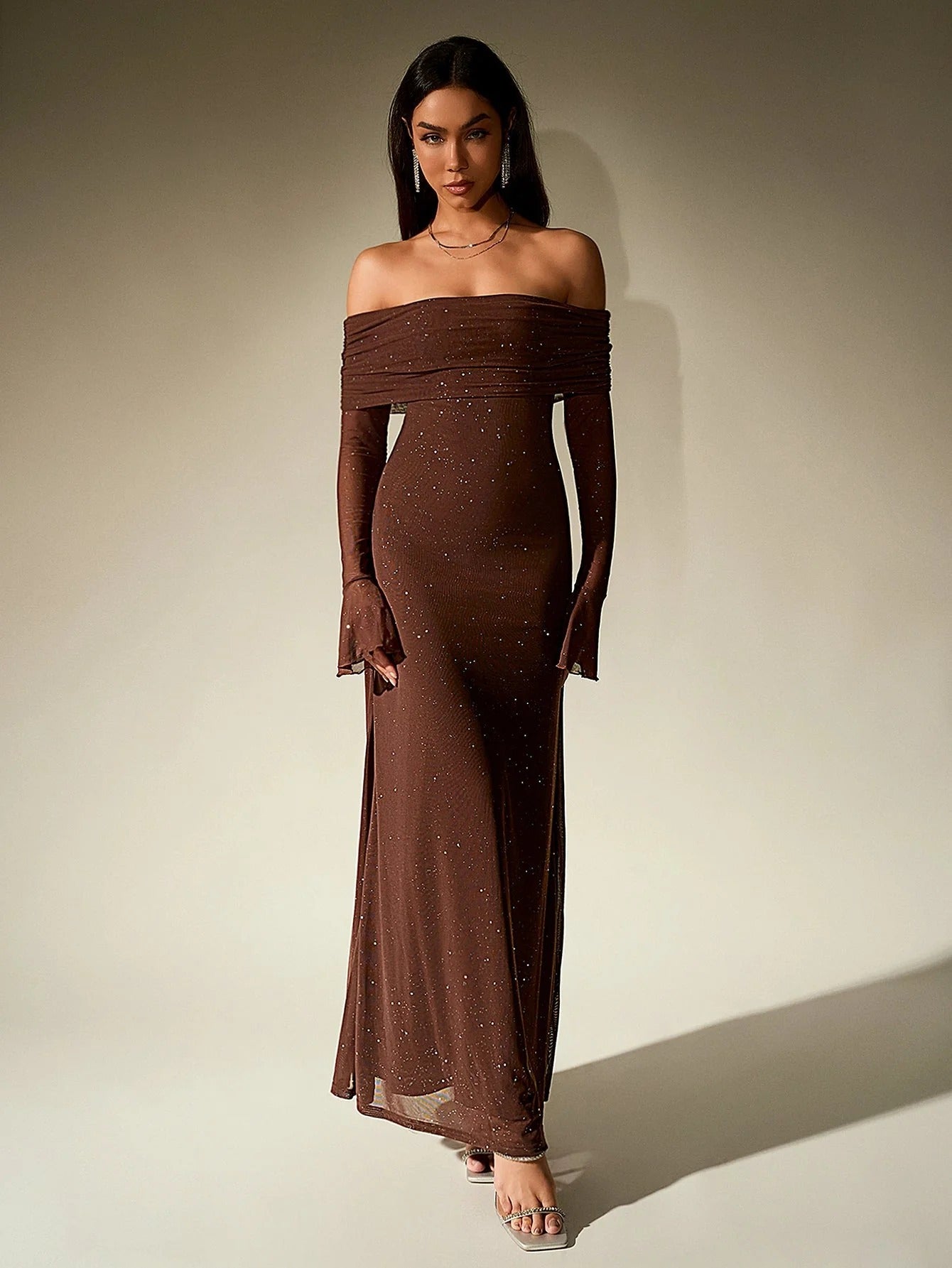 Women’s Off-Shoulder Glitter Maxi Dress with Long Sleeves