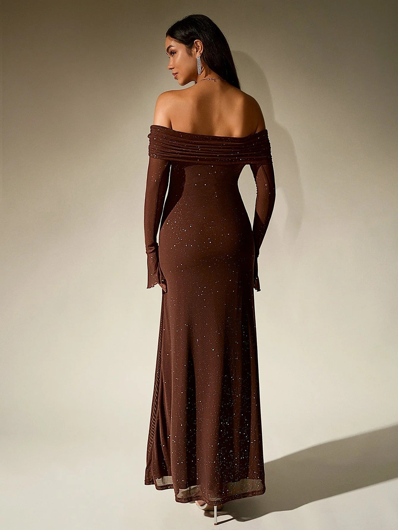 Women’s Off-Shoulder Glitter Maxi Dress with Long Sleeves