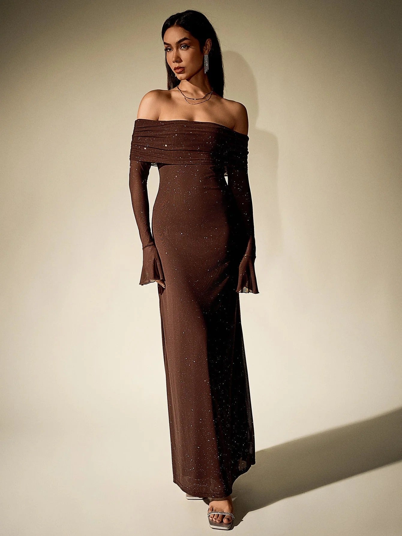 Women’s Off-Shoulder Glitter Maxi Dress with Long Sleeves