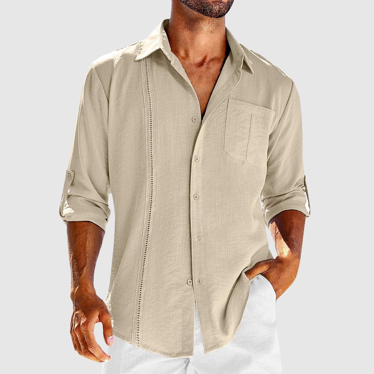 Men’s Long Sleeve Button-Down Shirt with Chest Pocket and Embroidered Panel