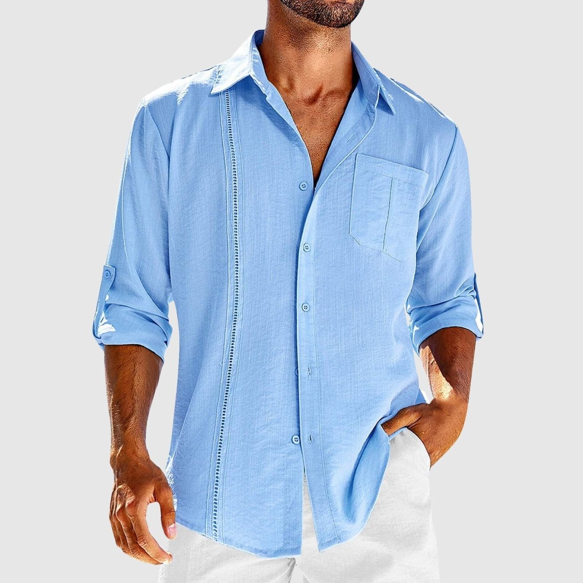 Men’s Long Sleeve Button-Down Shirt with Chest Pocket and Embroidered Panel