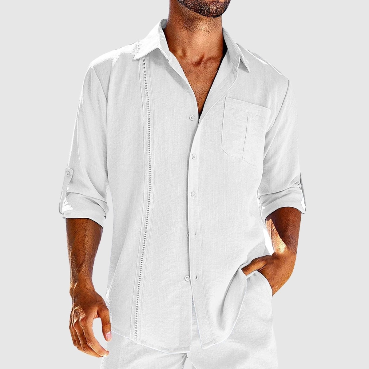Men’s Long Sleeve Button-Down Shirt with Chest Pocket and Embroidered Panel