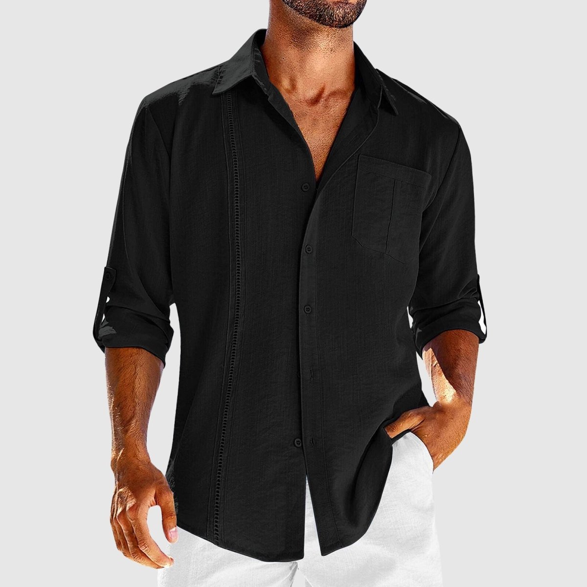 Men’s Long Sleeve Button-Down Shirt with Chest Pocket and Embroidered Panel