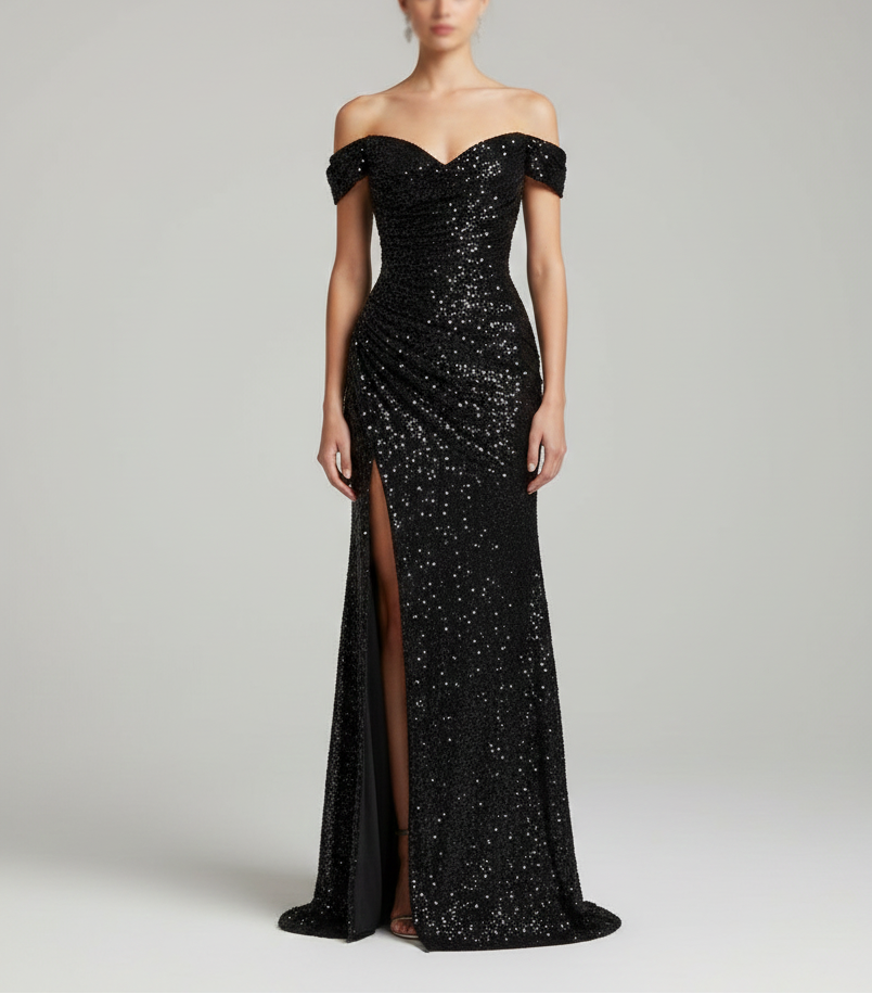 Women’s Off-Shoulder Maxi Dress with Sequin Surface and Side Slit – Evening Dress