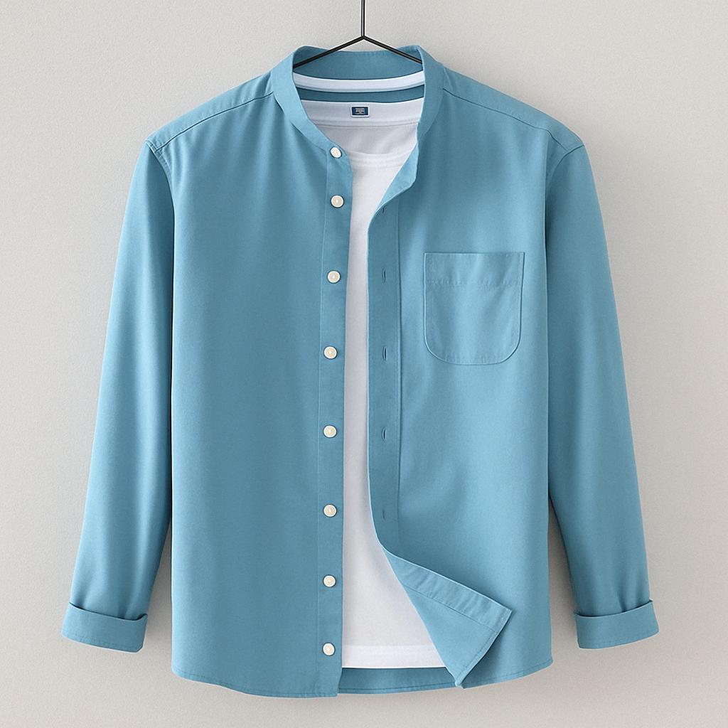Men's Band Collar Button Down Shirt - Long Sleeve Chest Pocket