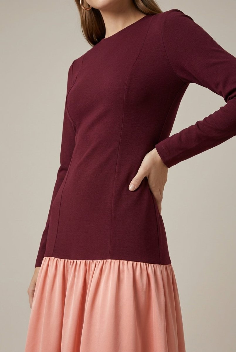 Long Sleeve Drop Waist Midi Dress – Fitted Panel Bodice with Contrast Flared Skirt