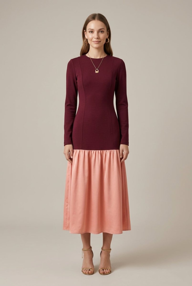Long Sleeve Drop Waist Midi Dress – Fitted Panel Bodice with Contrast Flared Skirt