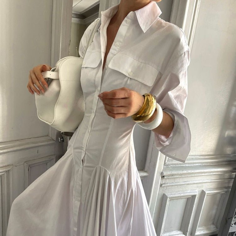 Long Sleeve Drop Waist Shirt Maxi Dress – Button Front Collar Design