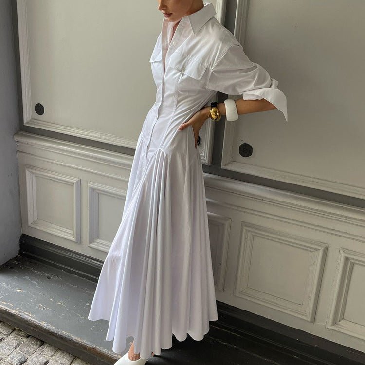 Long Sleeve Drop Waist Shirt Maxi Dress – Button Front Collar Design