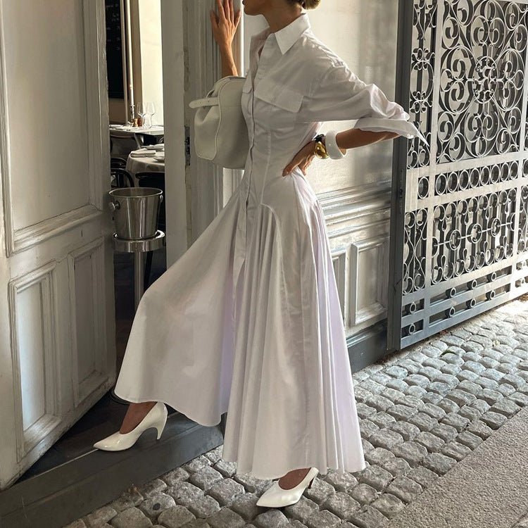 Long Sleeve Drop Waist Shirt Maxi Dress – Button Front Collar Design