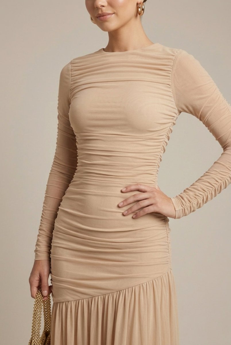 Long Sleeve Ruched Drop Waist Maxi Dress – Asymmetric Seam with Flared Hem