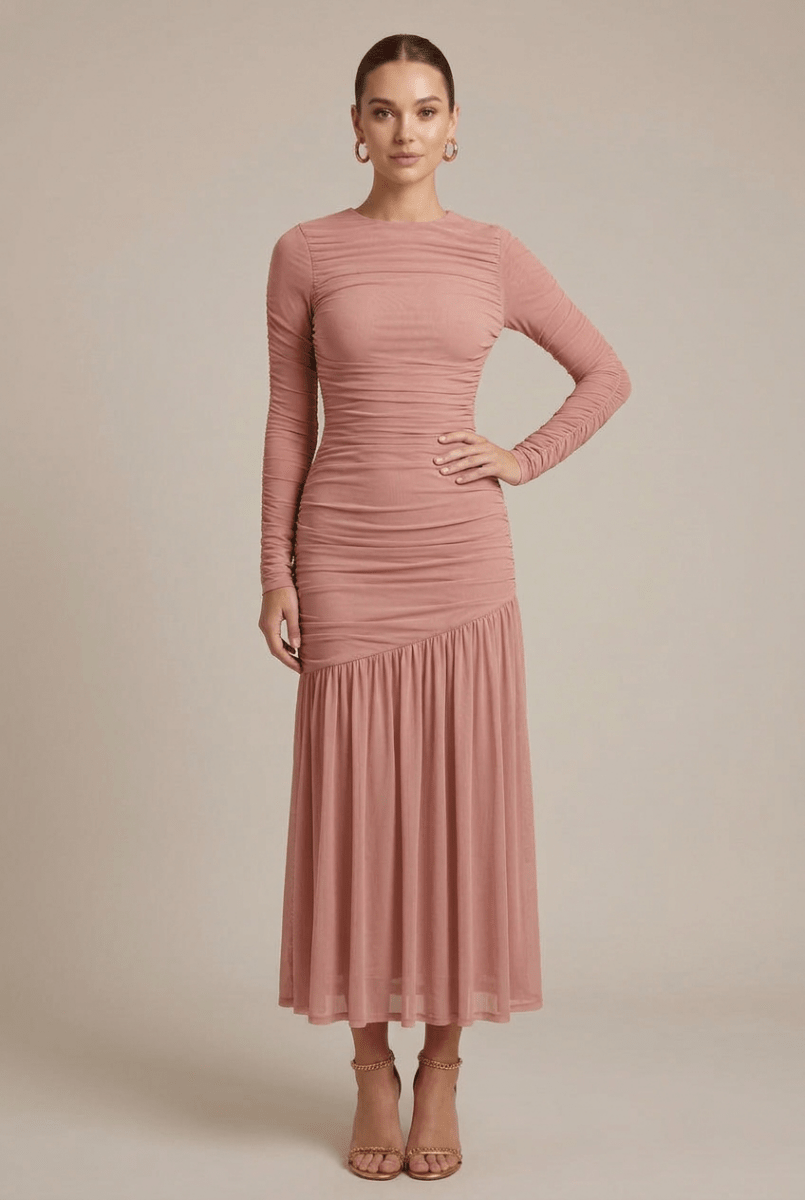 Long Sleeve Ruched Drop Waist Maxi Dress – Asymmetric Seam with Flared Hem