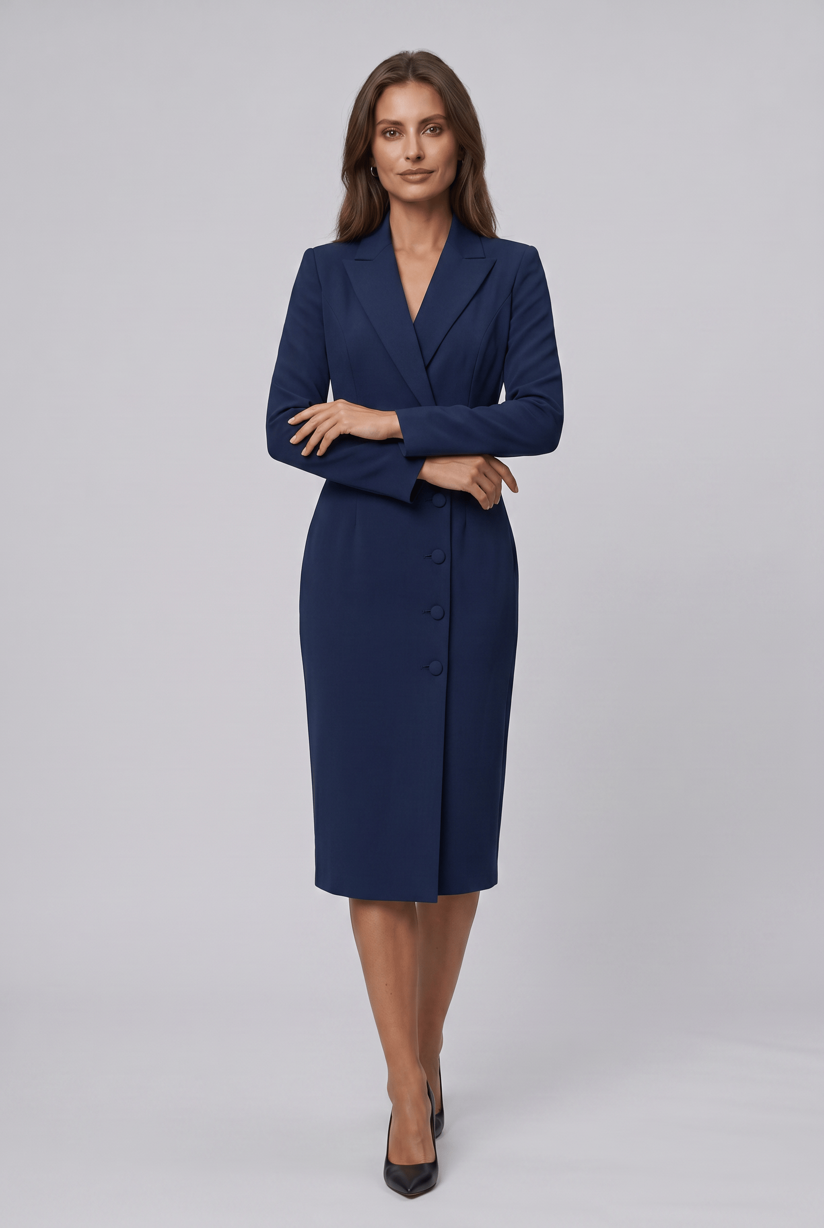 Women's Double-Breasted Blazer Dress - Long Sleeve Lapel Collar Midi