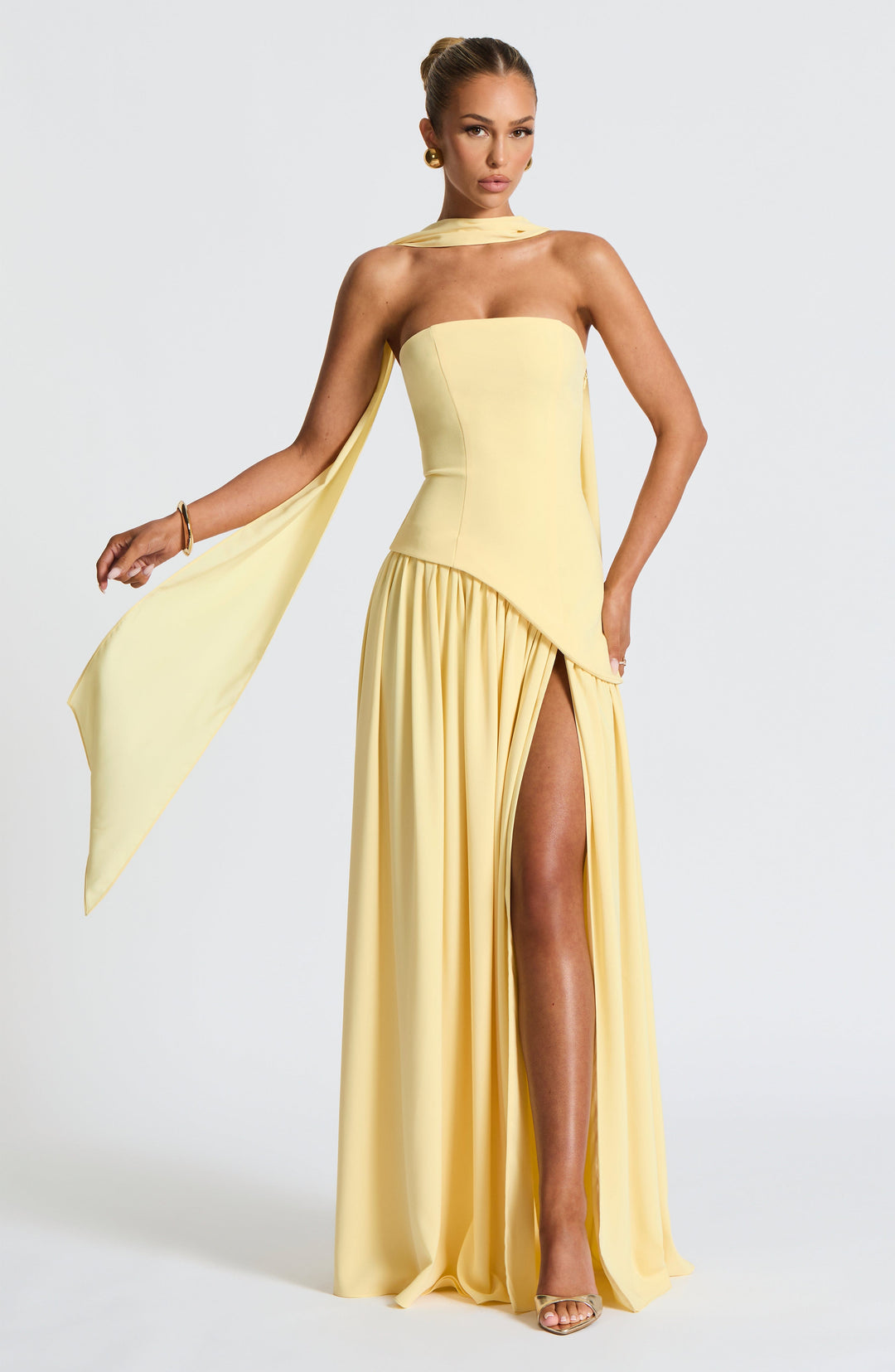 Women’s Strapless Maxi Dress with Asymmetric Waist Overlay, Neck Scarf Detail, and High Slit