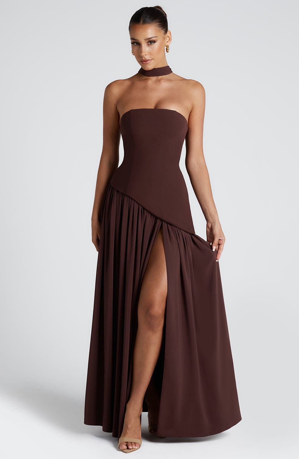 Women’s Strapless Maxi Dress with Asymmetric Waist Overlay, Neck Scarf Detail, and High Slit