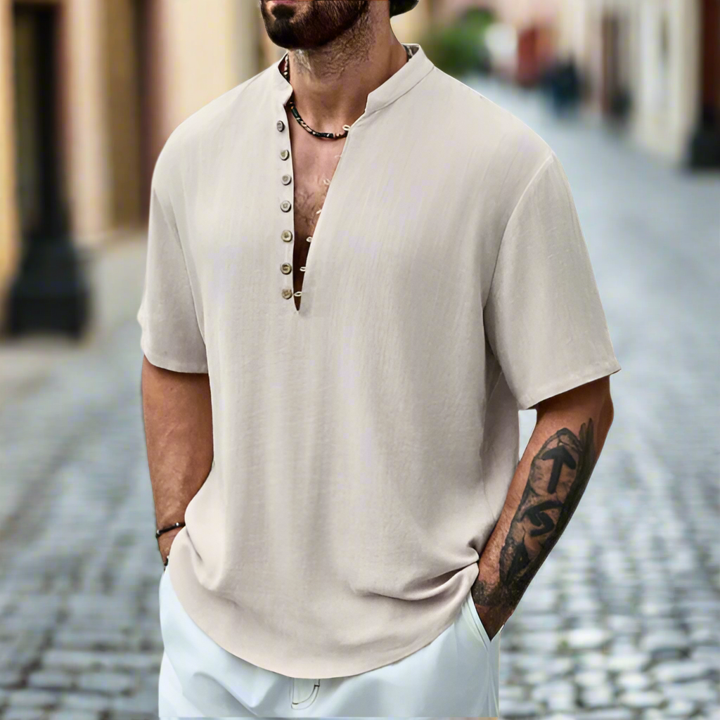Men's Linen Henley Short Sleeve Relaxed Fit Button Neck Shirt
