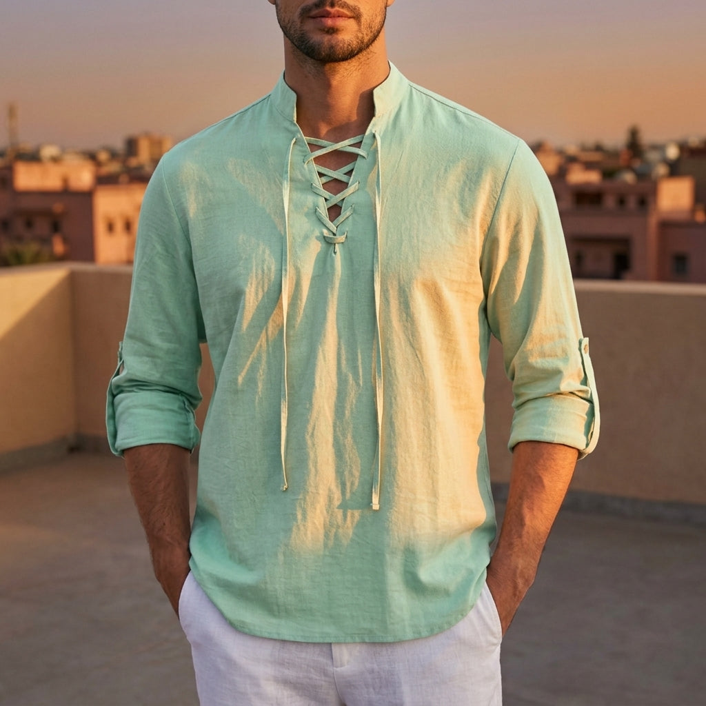 Chemise à col band à lacets avec manches retroussées en mélange de lin pour hommes
