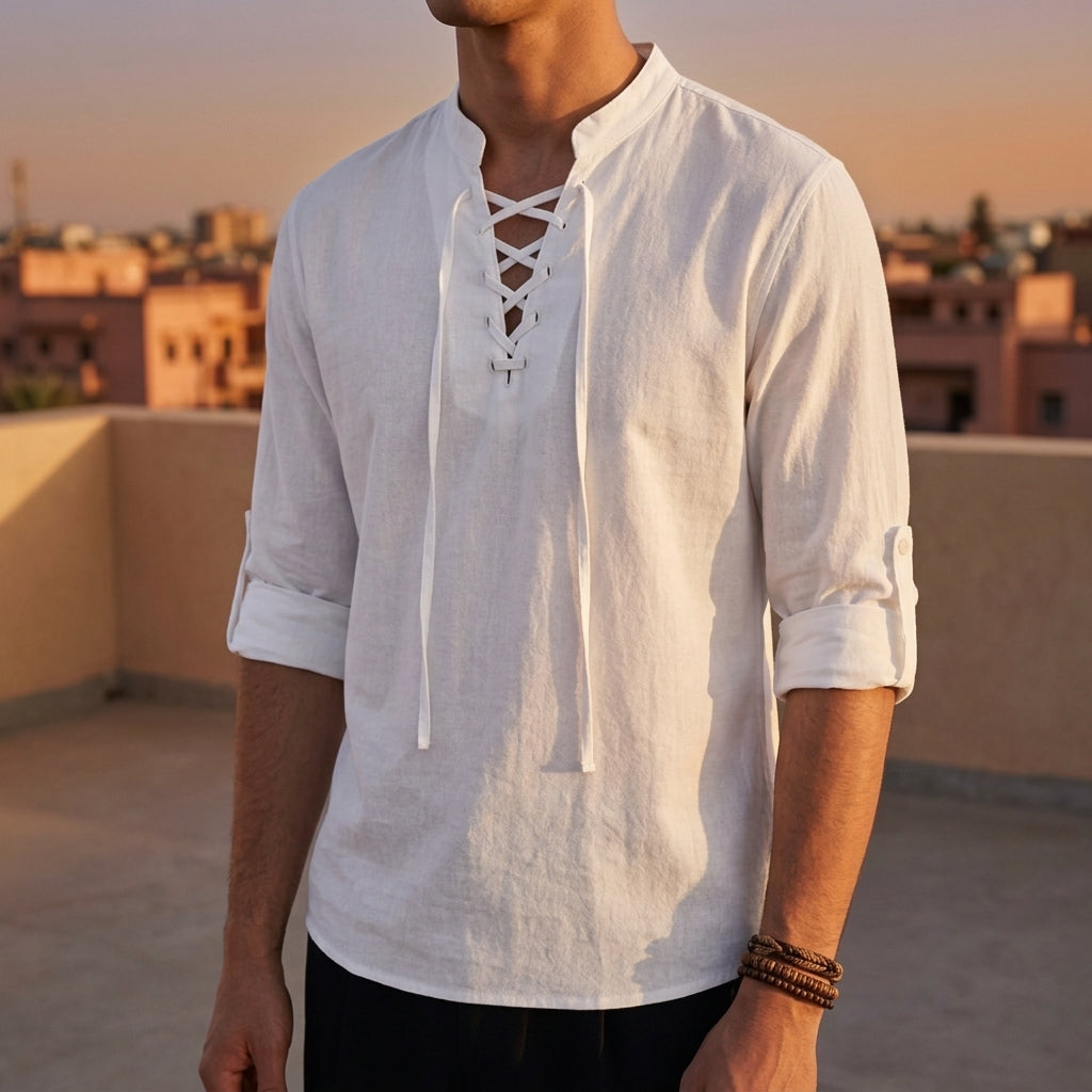 Chemise à col band à lacets avec manches retroussées en mélange de lin pour hommes