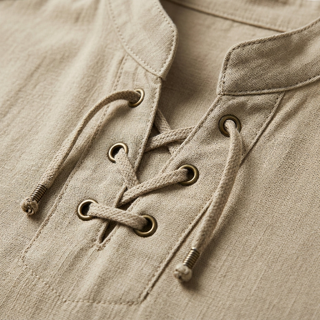 Chemise à col band à lacets avec manches retroussées en mélange de lin pour hommes