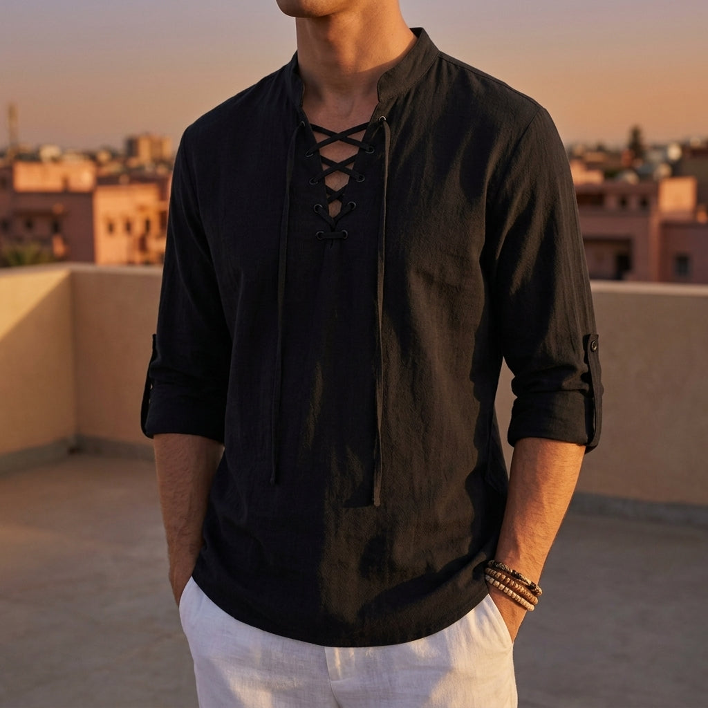 Chemise à col band à lacets avec manches retroussées en mélange de lin pour hommes