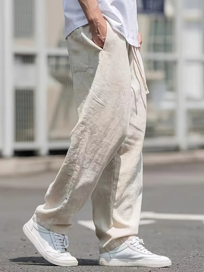 Men’s Linen Pants with Elastic Drawstring Waist and Wide-Leg Fit
