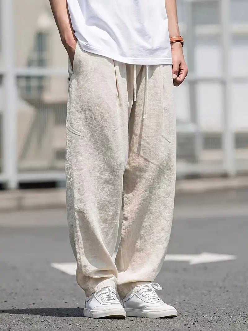 Men’s Linen Pants with Elastic Drawstring Waist and Wide-Leg Fit