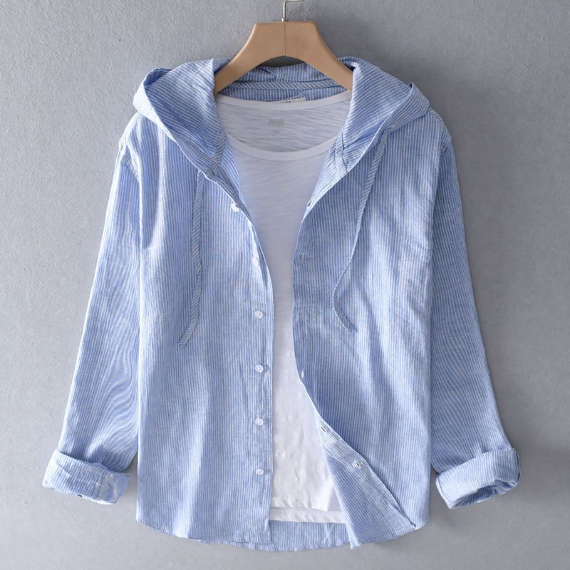 Men's Button - Front Hooded Linen Shirt
