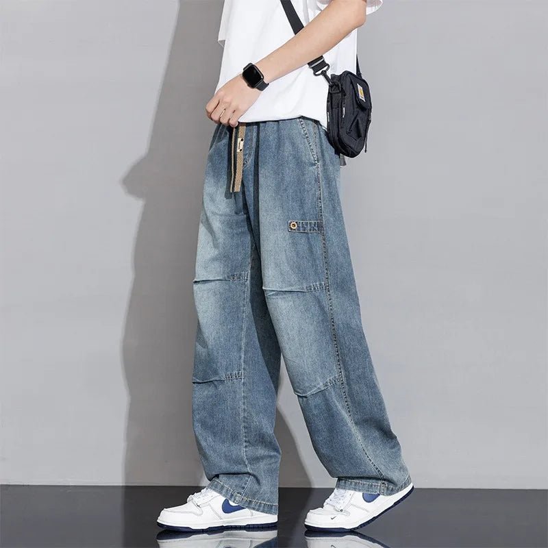 Men's Denim Wide Leg Drawstring Cargo Pants