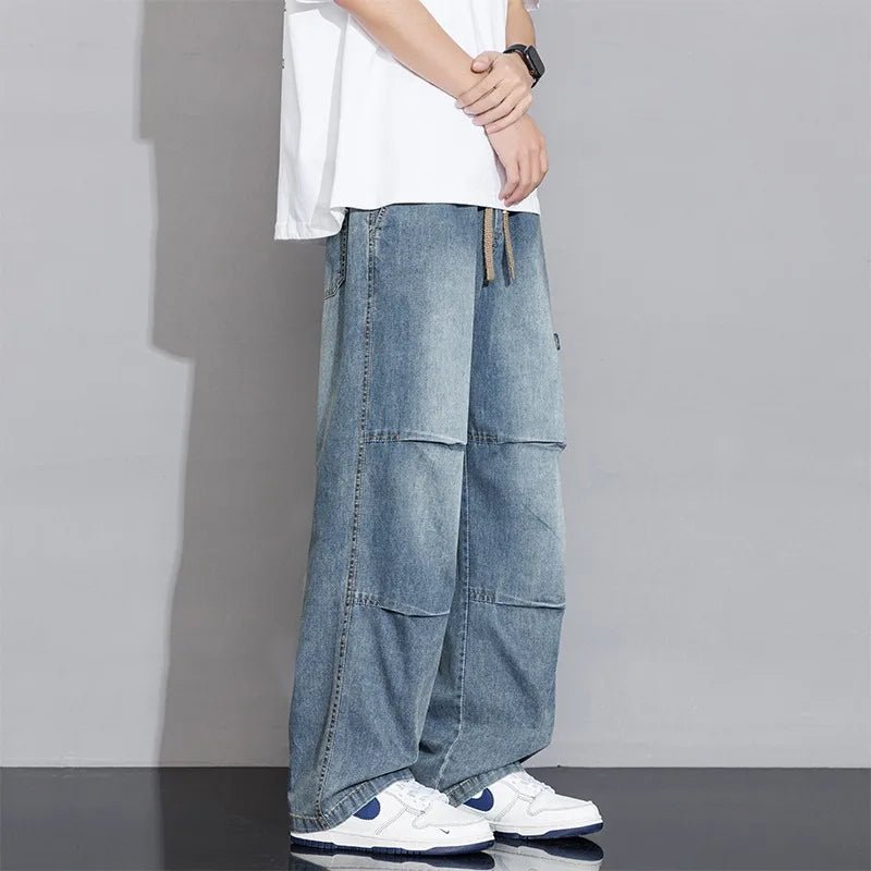 Men's Denim Wide Leg Drawstring Cargo Pants