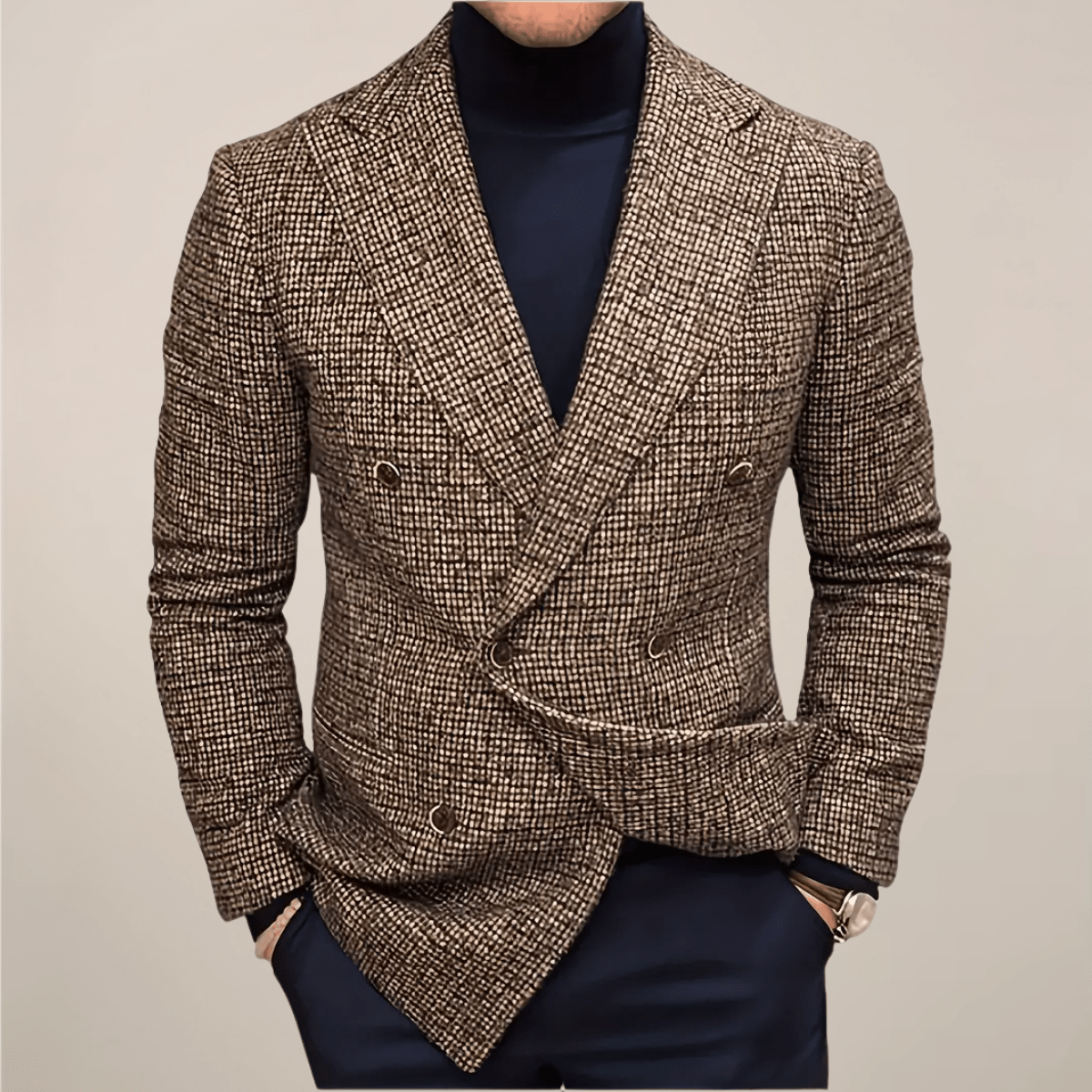 Men’s Double - Breasted Slim Fit Blazer – Tailored Check Pattern with Modern Structure
