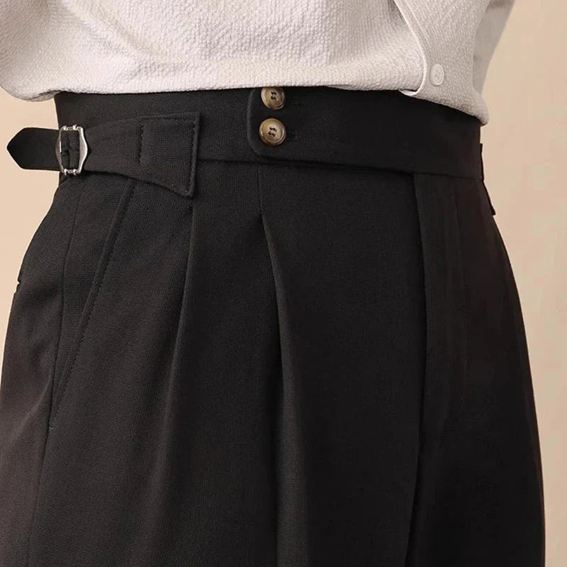 Men’s High - Waisted Pleated Pants with Side Buckle Adjusters and Cuffed Hem