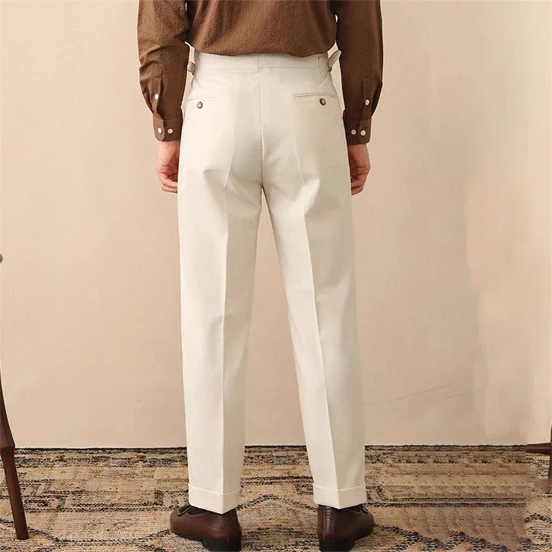 Men’s High - Waisted Pleated Pants with Side Buckle Adjusters and Cuffed Hem