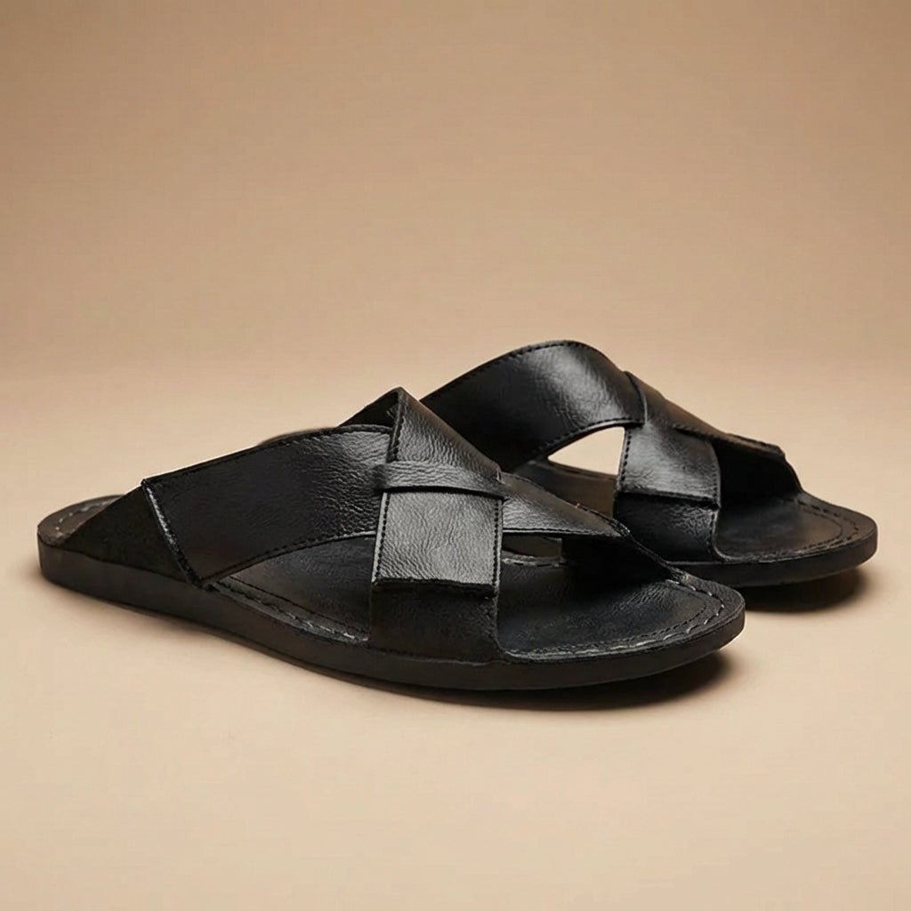 Men’s Leather Cross - Strap Slide Sandals with Contrast Topstitch Detail – Refined Casual Slip - On