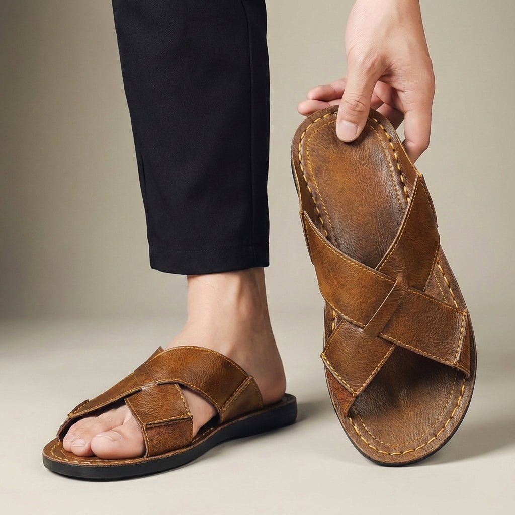 Men’s Leather Cross - Strap Slide Sandals with Contrast Topstitch Detail – Refined Casual Slip - On