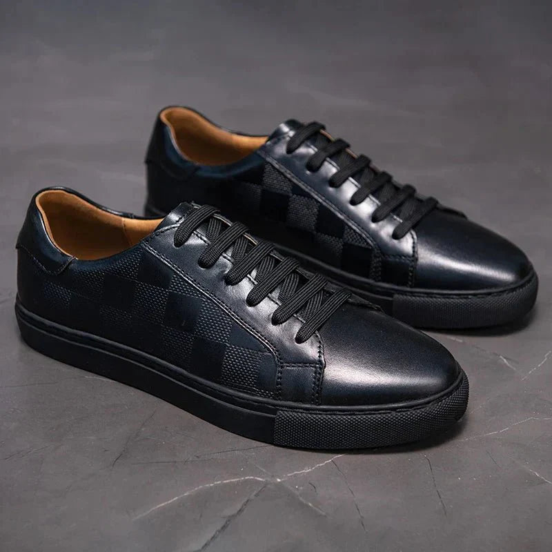 Men’s Leather Lace - Up Sneakers – Minimal Low - Top Trainers with Check Panel Detail