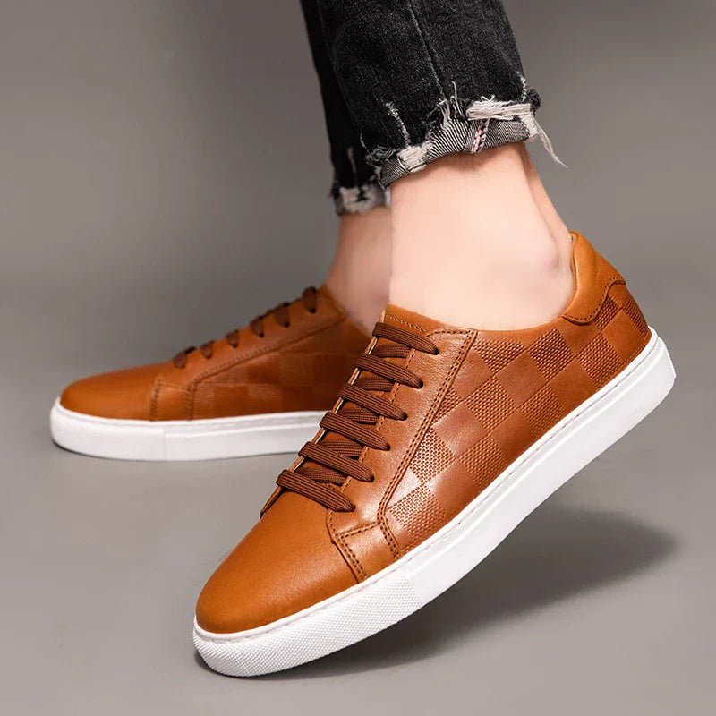 Men’s Leather Lace - Up Sneakers – Minimal Low - Top Trainers with Check Panel Detail