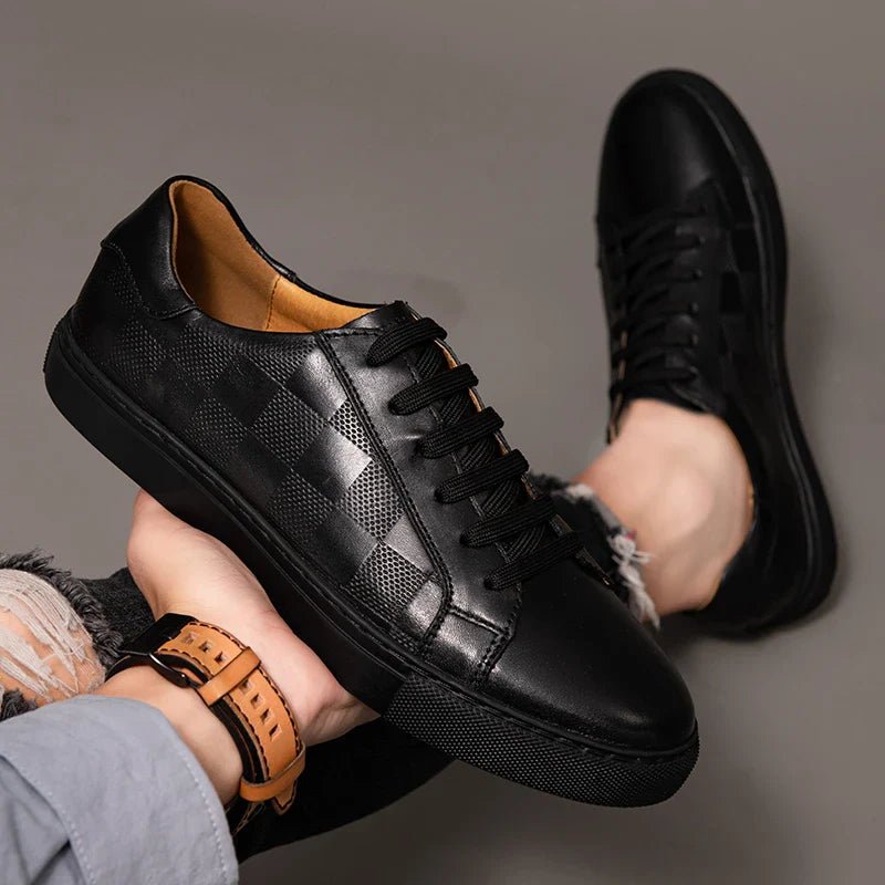 Men’s Leather Lace - Up Sneakers – Minimal Low - Top Trainers with Check Panel Detail