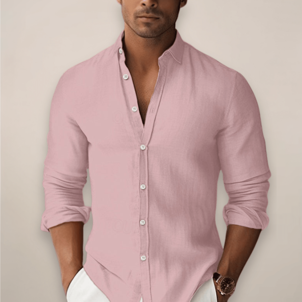 Men’s Lightweight Linen Button - Front Shirt with Open Neck and Long Sleeves