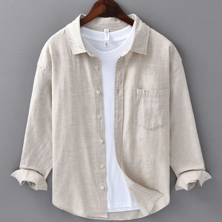 Men's Linen Long Sleeve Button - Up Shirt with Chest Pocket
