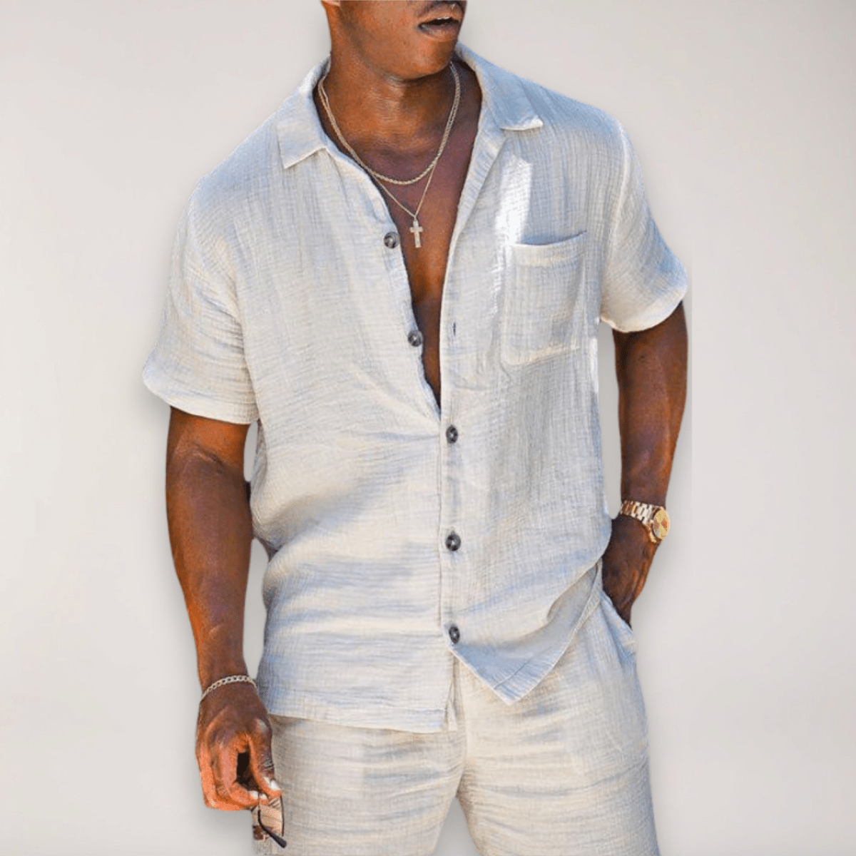 Men’s Linen Two - Piece Short Sleeve Shirt and Shorts Set with Button Front