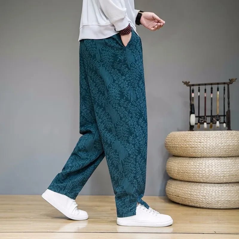 Men’s Linen Wide - Leg Pants with Drawstring Waist and Floral Pattern