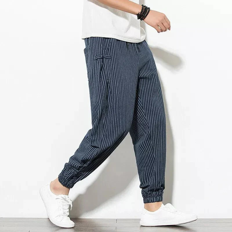 Men's Pinstripe Joggers with Drawstring Waist - Elastic Cuffs